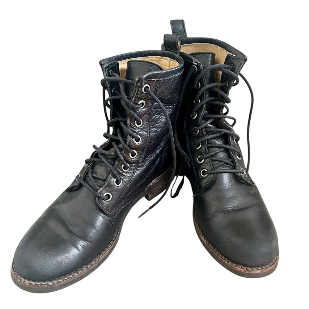 Frye Black Leather Combat Moto Boots